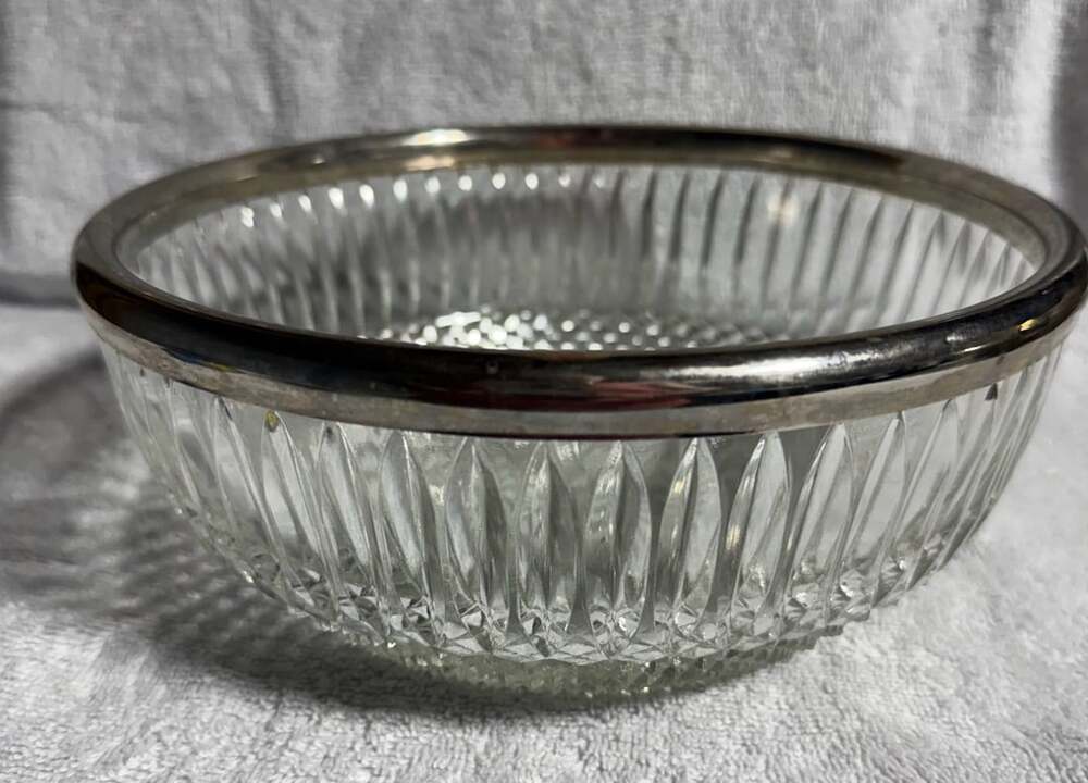 Vintage Crystal Serving Bowl with Silver-plated Rim